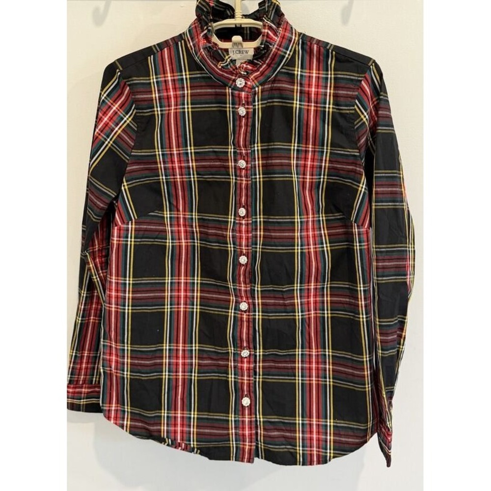 J Crew Holiday Rhinestone Button Front Ruffle Neck Long Sleeve Shirt Plaid 2